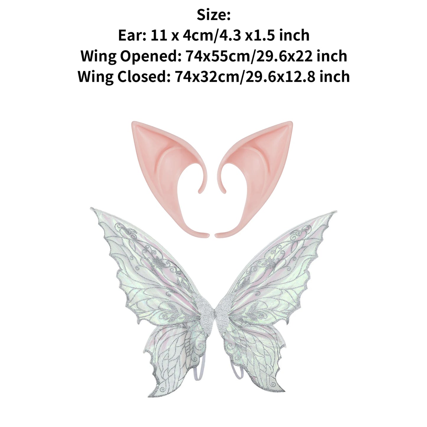 Gradient Sheer Butterfly Fairy Wings and Rubber Pointed Elf Ears for Kids Adults Halloween Cosplay Fairy Costume Accessories Set