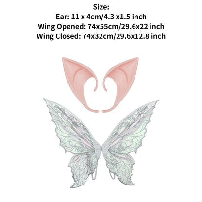 Gradient Sheer Butterfly Fairy Wings and Rubber Pointed Elf Ears for Kids Adults Halloween Cosplay Fairy Costume Accessories Set