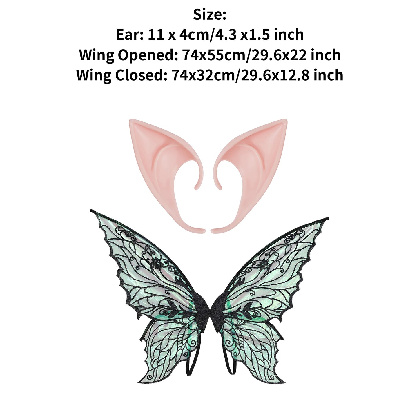 Gradient Sheer Butterfly Fairy Wings and Rubber Pointed Elf Ears for Kids Adults Halloween Cosplay Fairy Costume Accessories Set