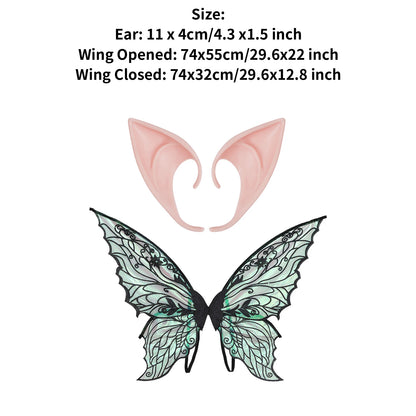 Gradient Sheer Butterfly Fairy Wings and Rubber Pointed Elf Ears for Kids Adults Halloween Cosplay Fairy Costume Accessories Set