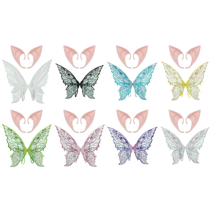 Gradient Sheer Butterfly Fairy Wings and Rubber Pointed Elf Ears for Kids Adults Halloween Cosplay Fairy Costume Accessories Set