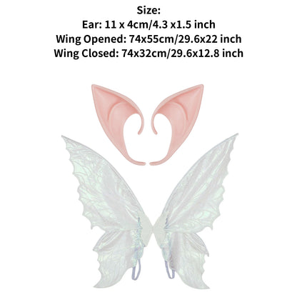 Gradient Sheer Butterfly Fairy Wings and Rubber Pointed Elf Ears for Kids Adults Halloween Cosplay Fairy Costume Accessories Set